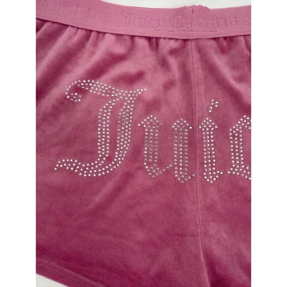 Juicy Couture Rhinestone Logo Pink Velour Lounge Shorts XL Y2K Revive - Picture 6 of 13